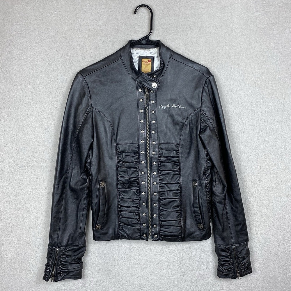 Vintage Apple Bottoms Leather Motorcycle Jacket Womens L Black Y2K Brat Ruched